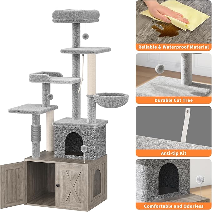GarveeLife Litter Box Enclosure with Cat Tree, 2-in-1 Modern Cat Tower, Hidden Washroom Furniture, Wood Cat Condo with Scratching Post and Hammock, Indoor Pet Furniture with Multiple Platform, Grey
