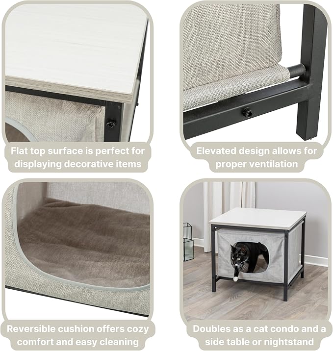 Trixie Emmie Indoor Cat Condo, Cozy Cat House with Metal Frame and Sturdy Fabric and Cozy Cushion for Extra Comfort, Classic Style Design, Greige/Gray, Use as a Table & Nightstand
