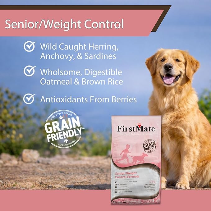 FirstMate Grain Friendly Dog Food Senior/Weight Control Formula – Wild Caught Fish, Low Fat Single Protein Dry Dog Food for Senior Dogs & Weight Management, Pea Free & Potato Free – 25 lb Bag