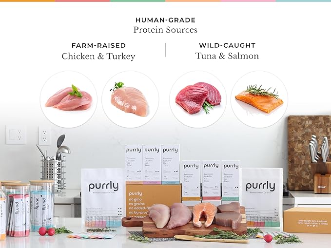 Purrly Interactive Lickable Cat Treats Low Calorie Human-Grade Chicken Breast & Turkey with L-Lysine & Astaxanthin for Immunity (30 Count) Hydrating BPA-Free Grain-Free Non-GMO All Ages Low-Phosphorus