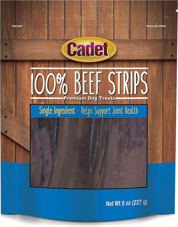 Cadet 100% Beef Strips Dog Treats, Single Ingredient Beef Esophagus Dog Jerky, Healthy High Protein Rawhide Alternative for Small & Large Dogs, 8 Ounce