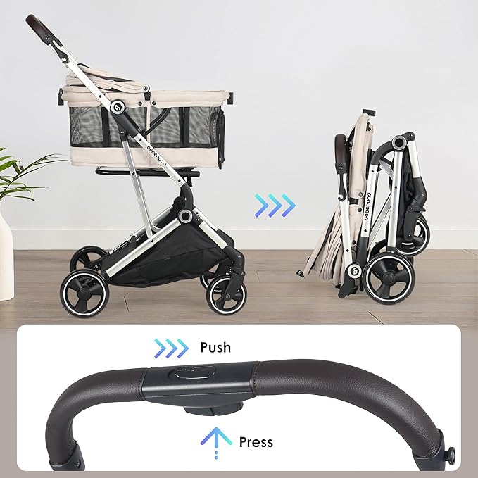 T4 PRO Pet Stroller for Small Medium Dogs, Cat Strollers for 2 Cats, 4 Wheels Folding Pet Stroller for Cats with Pad, Canopy and Cup Holder, Beige