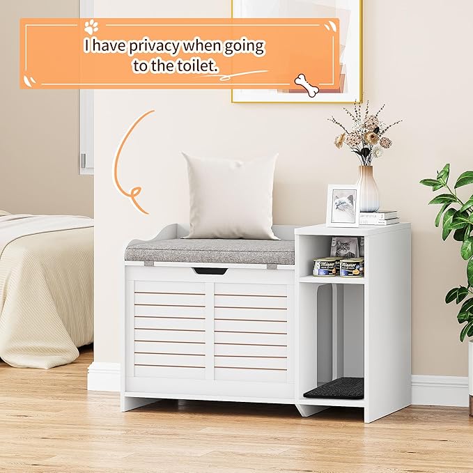 Cat Litter Box Enclosures Large Hidden Cat Litter Box Furniture Enclosure w/Top Opening Door, Wooden End Table Pet House w/Storage Shelf, Cushion & Mat, Dog Proof Design for Easy Cleaning