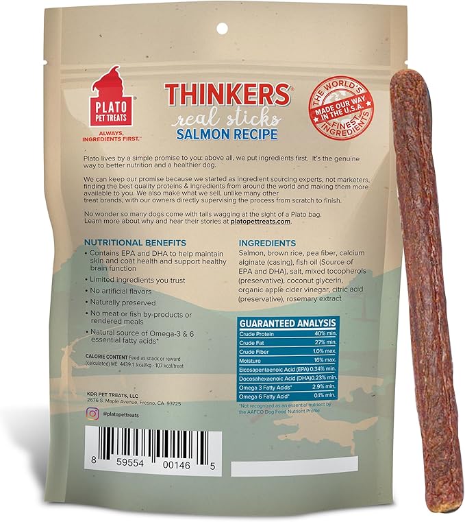 Plato Pet Treats Thinkers - Meat Stick Treats for Dogs - Limited Ingredient with EPA and DHA to Support Skin, Coat, and Brain - Air-Dried - Thinkers Salmon 10oz - 2 Pack
