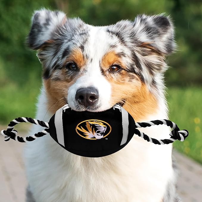 NCAA Missouri Tigers Nylon Football Dog Toy Tough Quality Nylon Materials, Strong Pull Ropes, Inner Squeaker, Collegiate Team Color