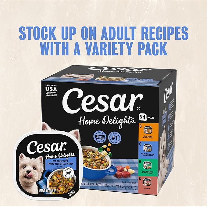 Cesar Home Delights Pot Roast Flavor with Spring Vegetables in Dinner Sauce, 3.5 oz. Easy Peel Tray, 24 Count (Pack of 1)