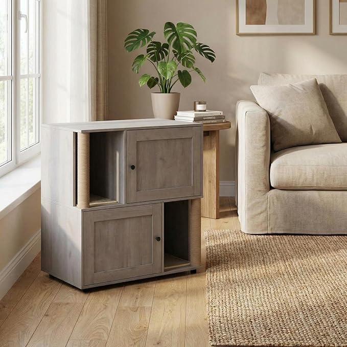 Dual Cat Litter Box Enclosure, Hidden Litter Furniture Cabinet with Two Scratch Mats and Scratching Post, Modern Farmhouse Wooden Covered Cat Washroom, End Table Design, Grey