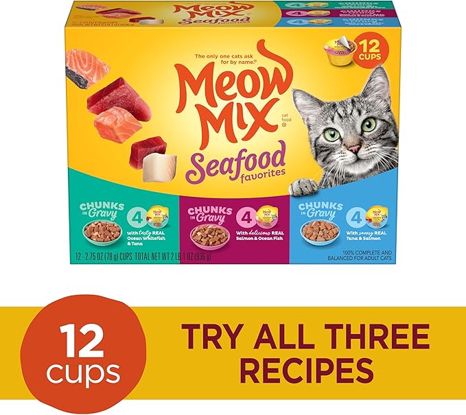Meow Mix Seafood Favorites Chunks in Gravy Wet Cat Food Variety Pack, 2.75 Ounce (Pack of 48)