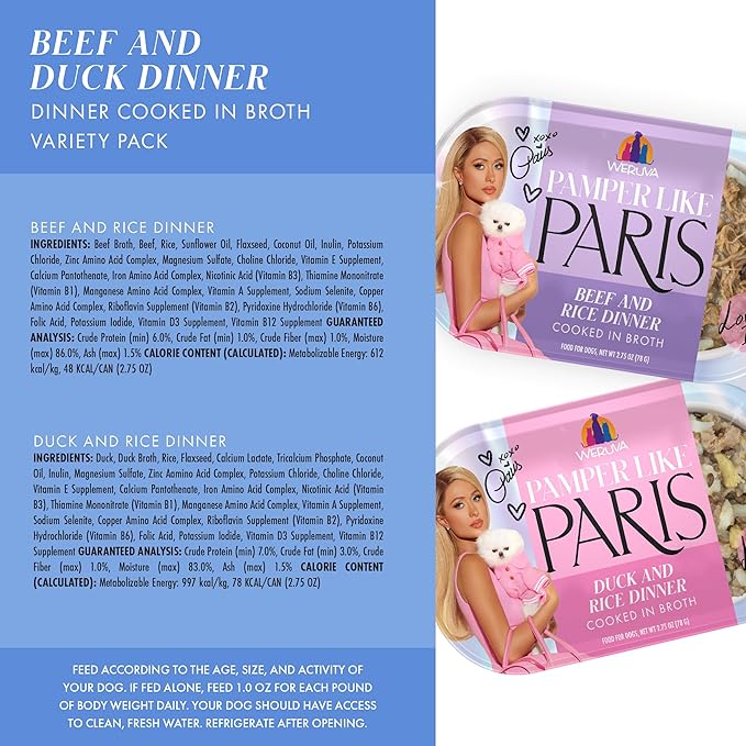 Weruva Pamper Like Paris Natural Wet Dog Food, Beef and Duck Recipes Cooked in Broth Variety Pack (2.75oz Cup, Pack of 10)