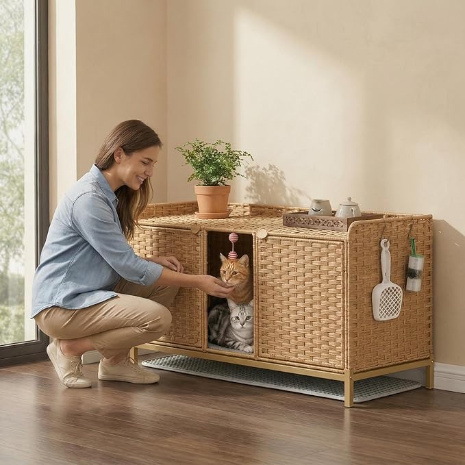 Cat Litter Box Enclosure Furniture, Handwoven Rattan Cat Houses, Hidden Cat Washroom Furniture with Door/Mat, Large Space Cat Houses with S-Shaped Hooks, Living Room, Bedroom, Natural