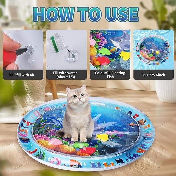 Cat Water Mat,Upgrade 0.5mm Thickened Anti-Scratch Cat Water Sensory Play Mat,Unbreakable Interactive Cat Playing Stuff,Comfort Water Play mat for Cats,Cat Play Mat with Wand Random Color