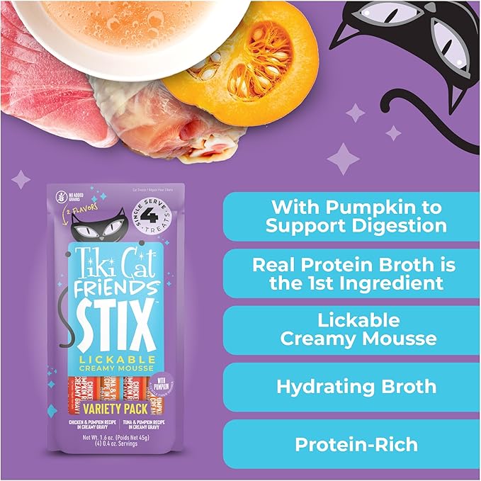 Tiki Cat Friends Stix Mousse Treats Variety Pack, Single Serve Lickable Treat or Dry Food Topper, 1.6 oz. Pouch