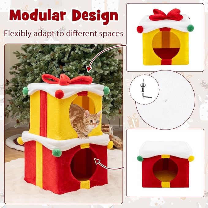 PETSITE Christmas-Themed Gift Box-Shaped Cat House, Stackable 2-Piece Indoor Cat Caves for Kittens, Colorful 2-Story Cat Hideaway Cat Bed for Indoor Cats