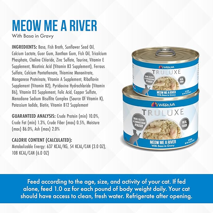 Weruva Truluxe Cat Food, Meow Me A River with Basa in Gravy, 6oz Can, Pack of 24