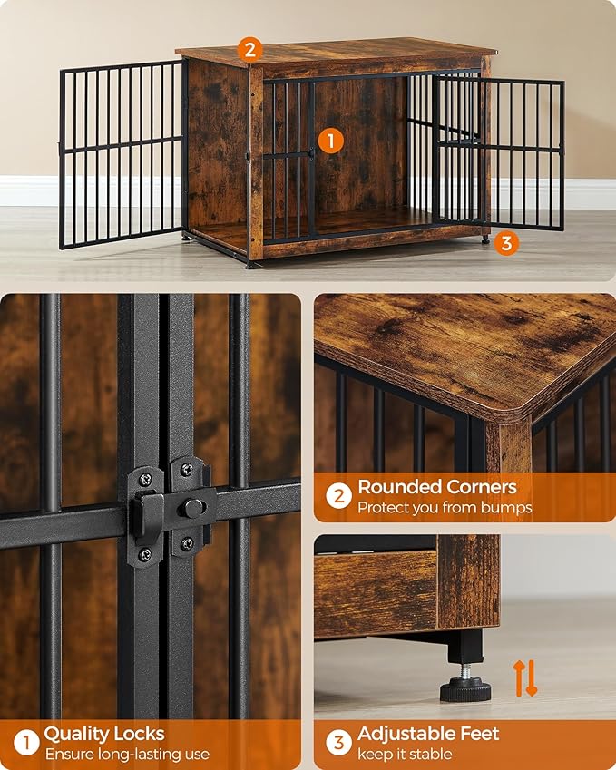 Feandrea 38.6" Dog Crate Furniture, Heavy-Duty Dog Cage Side End Table, XL Pet Wood Kennel for Large and Medium Dogs up to 70 lb with Enclosed Base, Double-Door Pet House, Rustic Brown