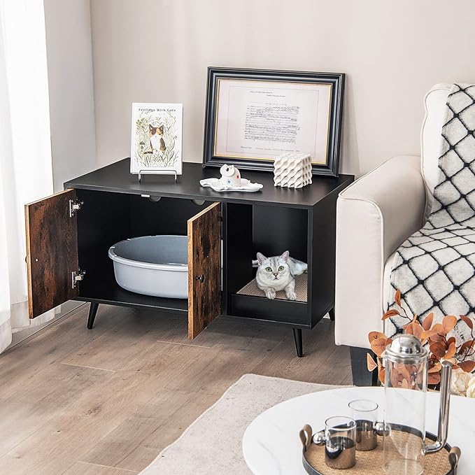 PETSITE Litter Box Enclosure, Wooden Hidden Litter Box Furniture with Cabinet & Scratching Pad, Stackable Cat Washroom Pet House End Table