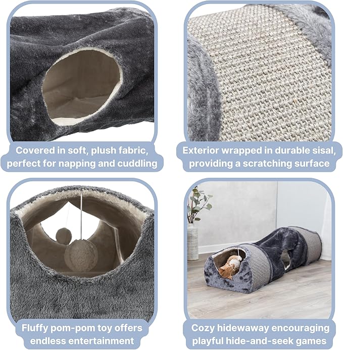 Trixie Cuddly Condos and Tunnel for Cats - Indoor Cat Furniture with Play Condos, Hideaway Tunnel, Dangling Cat Toys - Sisal Scratching Surface - Collapsible Design for Easy Storage, Gray
