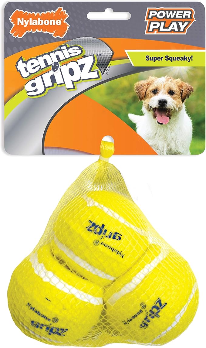 Nylabone Power Play Tennis Gripz Fetch Toy, Squeaky Tennis Ball Chew Toy for Dogs, Small (3 Count)