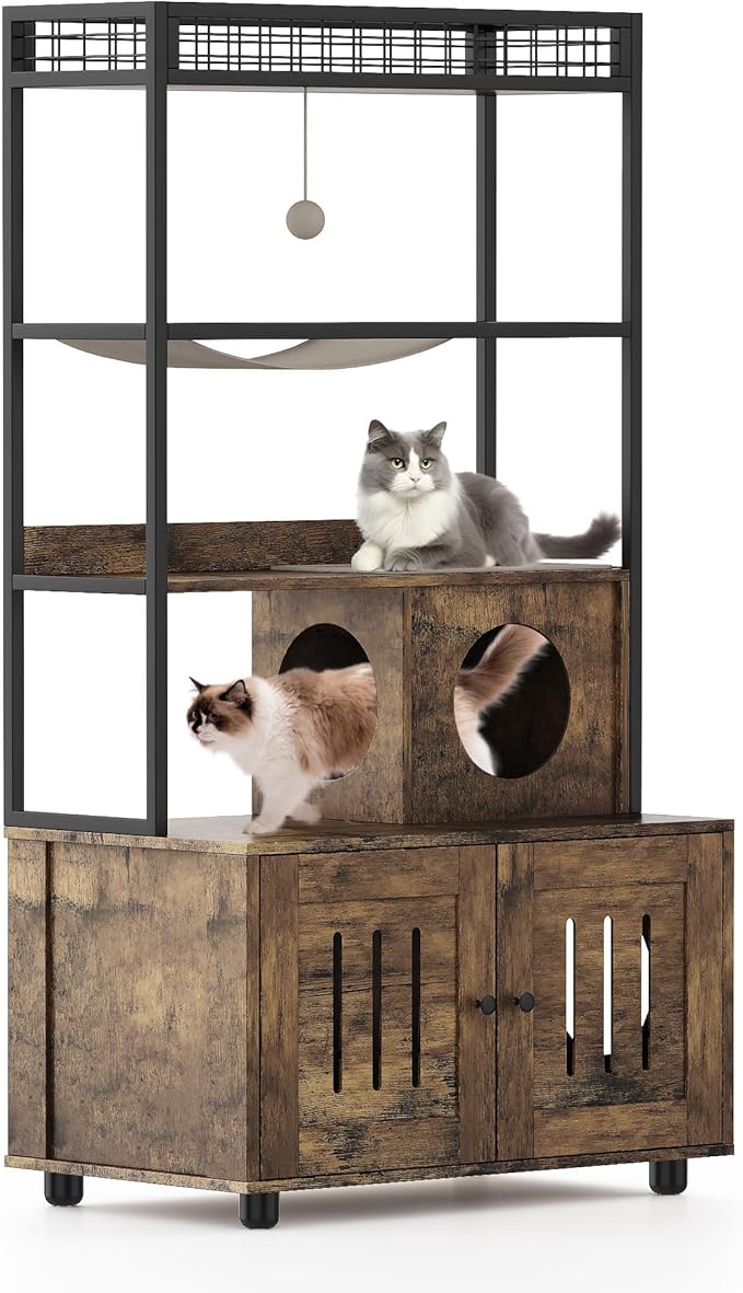 60-Inch Cat Litter Box Enclosure, Cat House with Storage Shelf, Sisal Hammock, Cat Condo, Play Ball and Reversible Door, Brown