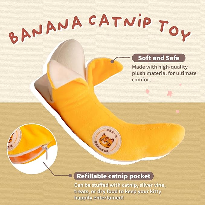BLUE BAY Banana Catnip Toy w/refillable Zipper Pouch, Catnip Bag Included