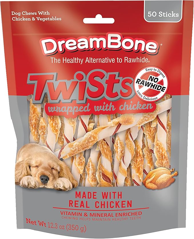 DreamBone Twist Sticks Chews Wrapped With Real Chicken, Treat Your Dog to Easy-to-Digest Rawhide-Free Chews, 50 Count