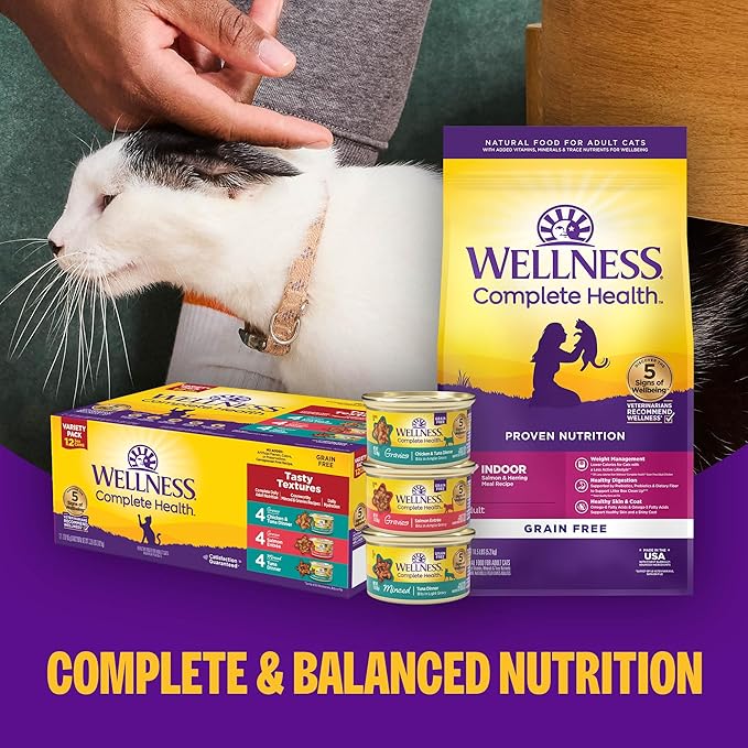 Wellness Complete Health Purrfect Duos Variety Pack Adult Wet Cat Food, Natural, Protein Rich, Grain Free, Pate and Gravy Recipes, 2.64 oz, Pack of 12 Split Cups
