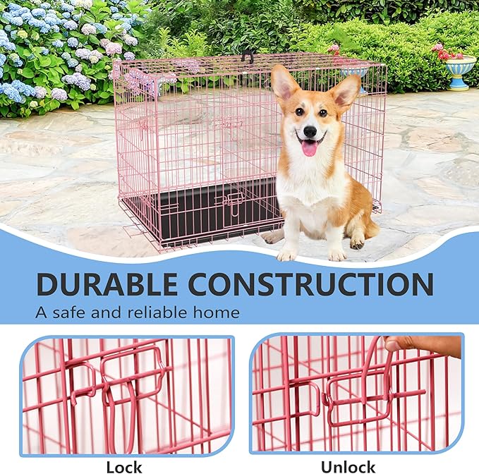 FDW 30 inch Dog Crate Dog Kennel Cage with Double Door Folding Metal Wire Dog Cage with Removable Tray&Divider Panel,Pet Crate for Medium Dogs,Pink