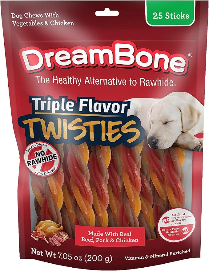 DreamBone Triple Flavor Twisties Chews for Dogs, Treat Your Dog to Easy-to-Digest Rawhide-Free Chews Made with Real Beef, Pork & Chicken, 25 Count