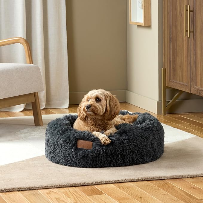 Town & Country Luxe CuddleTown Fuzzy Solid Donut Pet Bed, Soft, Cozy & Calming, Non-Slip Bottom, 100% Machine Washable, Dark Grey, Small 24"x24"x7" Round
