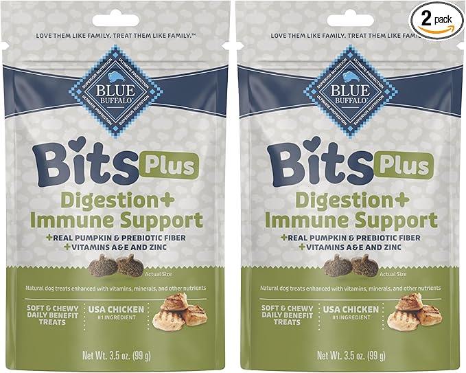 Blue Buffalo Blue Bits Plus Digestion and Immune Support Dog Treats, Chicken, 3.5-oz. Bag (Pack of 2)