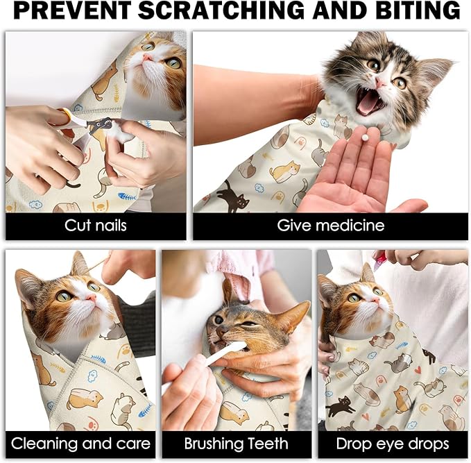 27.6"Cat Grooming Wrap, Self Adhesive Cat Wrap for Cutting Nails, Anti-Escape Calming Cat Swaddle Wrap for Medicine Ear Cleaning, Anti-Scratch Cats Burrito Restraint Blanket, Pet Tool (6-10 lbs)