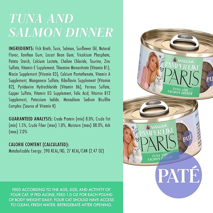 Weruva Paris Hilton Pamper Like Paris Natural Grain Free Wet Cat Food, Tuna and Salmon Paté, 2.47oz Can (Pack of 12)