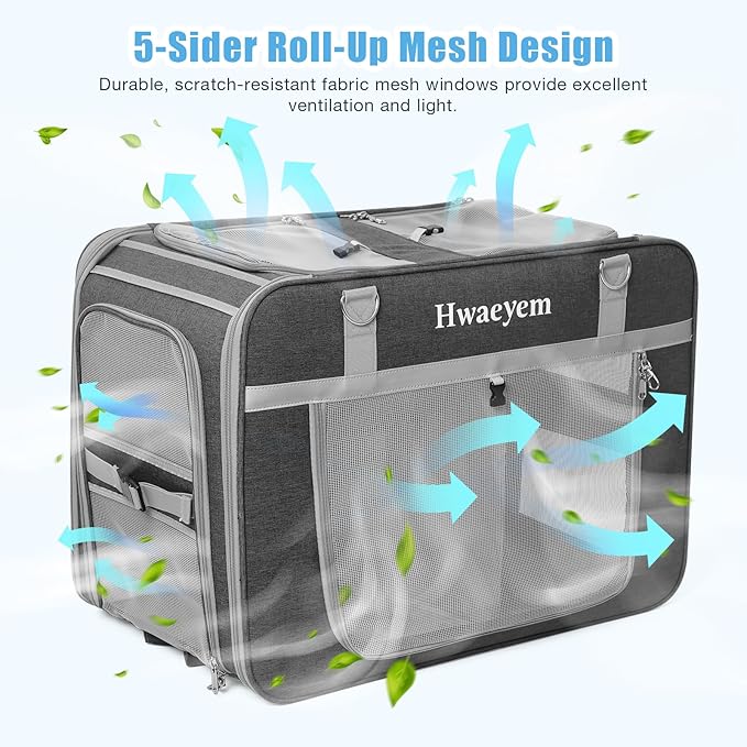 Rolling Cat Carrier for 2 Cats, 24" Large Capacity Pet Carrier with Wheels for Pets up to 40 lbs, Double Compartment Dog Travel Bag with Removable Divider & Telescopic Handle, Foldable(Gray, 24inch)