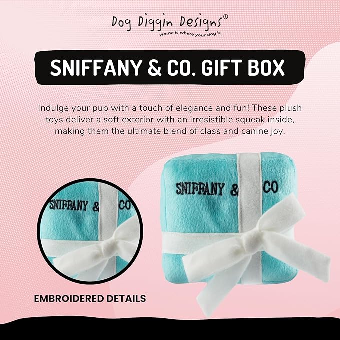 Dog Diggin Designs Sniffany & Co Large Plush Dog Toy Box | Luxury-Inspired Parody Designer Gift Box with Built-in Squeaker, Soft Plush Interactive Dog Toy – Thinking Outside The Box!