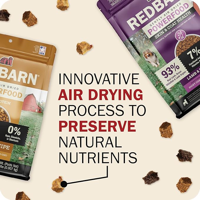 Redbarn Powerfood Air Dried Dog Food for Digestive Gut Health - 93% Beef, Beef Organs & Lamb with Prebiotics & Postbiotics - Non-GMO Dry Full Feed or Topper Made in USA - 2lb