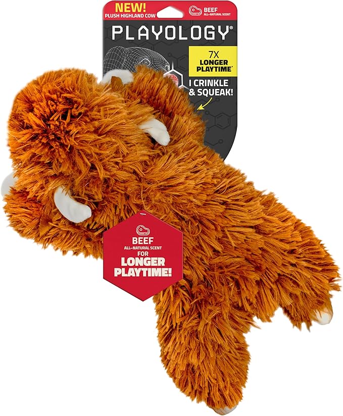 Playology Dog Toys | Plush Highland Cow Stuffed Animal | Beef Scented Jumbo Squeaky Toy | Plush Chew Toy for Large Dogs