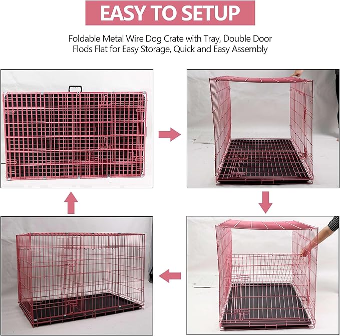 Dog Crate, 24/30/36/42/48 Inch Dog Crates for Small Medium Large Dogs Indoor, Folding Metal Dog Kennel Dog Cage with Double-Door, Divider Panel, Removable Tray, Locks and Handle, (24 Inch, Pink)