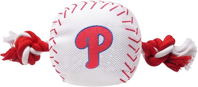 MLB PHILADELPHIA PHILLIES Baseball Rope Toy for DOGS & CATS. Tough nylon, Sporty Baseball Design, Heavy-duty ropes with Inner SQUEAKER
