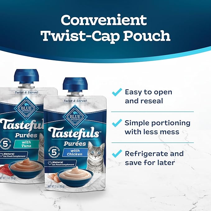Blue Buffalo Tastefuls Purées Variety Pack, Natural Cat Food Complement, Resealable Twist Cap Pouches, Chicken and Tuna, 3-oz (12 Count, 6 of Each Flavor)
