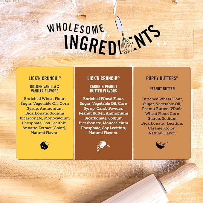 Three Dog Bakery Lick'n Crunch! Sandwich Cookies Variety Pack Premium Treats for Dogs, Carob/Peanut Butter, Golden/Vanilla, & Pupper Butters, 37.8 Ounces, 3-Pack