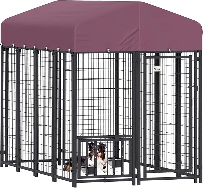PawHut Outdoor Dog Kennel with Roof, 8' x 4' x 6' Heavy Duty Welded Wire Dog Playpen Enclosure with Escape-Proof Lock, Adjustable Bowls, UV-Resistant & Waterproof Cover, for S&M&L Breeds, Silver