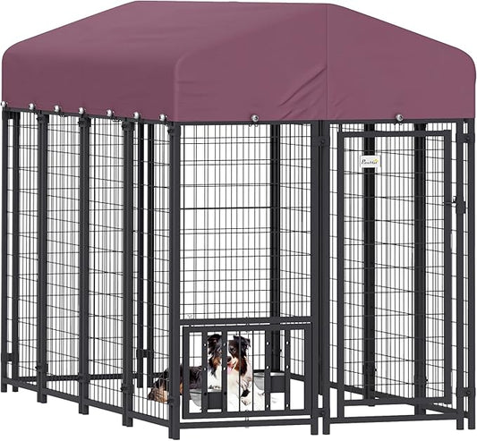 PawHut Outdoor Dog Kennel with Roof, 8' x 4' x 6' Heavy Duty Welded Wire Dog Playpen Enclosure with Escape-Proof Lock, Adjustable Bowls, UV-Resistant & Waterproof Cover, for S&M&L Breeds, Silver