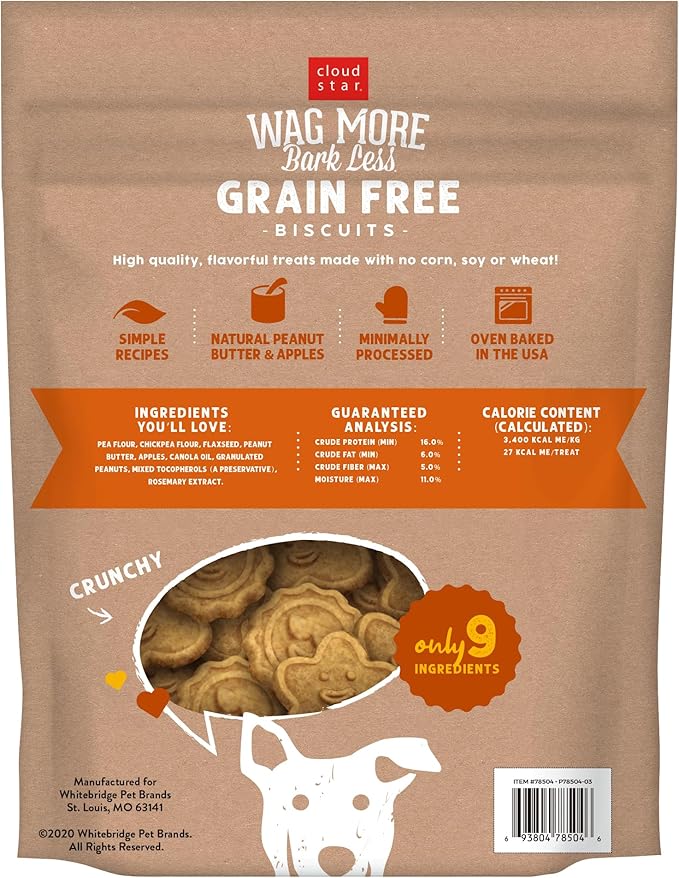 Cloud Star Wag More Bark Less - Dog Treats - Crunchy Biscuits - Grain Free Peanut Butter & Apples - 2.5 lb Pouch