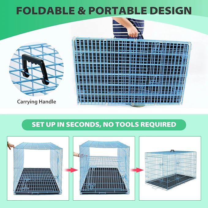 Large Dog Crate Metal Wire Double-Door Folding Pet Cage with Plastic Tray & Handle - Portable Dog Crate for Travel, Dog Travel Crate, Dog Cage for Small Dogs (Blue, 24")