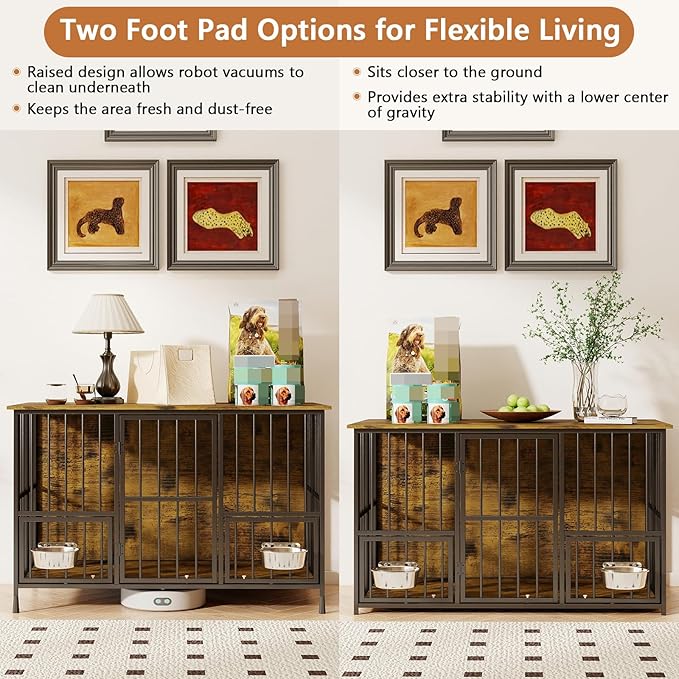 Hadulcet Foldable Dog Crate Furniture, 41'' No Assembly Indoor Dog Kennel with Storage Top, Wooden Dog Crate Table for Small to Medium Dogs, Furniture Style Dog Cage with 2 Bowls Rustic Brown