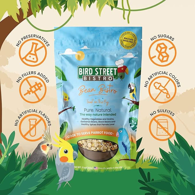 Bird Street Bistro Parrot Food - Parakeet & Cockatiel Food - Cooks in 3-15 min w/Natural Whole Grains, Legumes, Non-GMO Fruits, Vegetables & Health-Oriented Spices