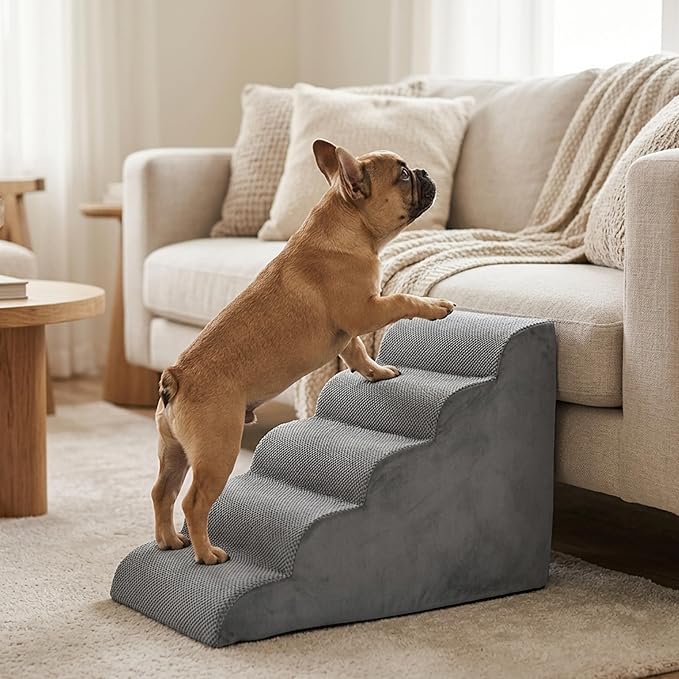 HealSmart Dog Stairs for Small Dogs, 5-Step Curved Design Pet Steps for Puppies & Senior Cats, High-Density Foam Indoor Non-Slip Ladder, Perfect for Sofa Couch and Chair Furniture Access, Gray