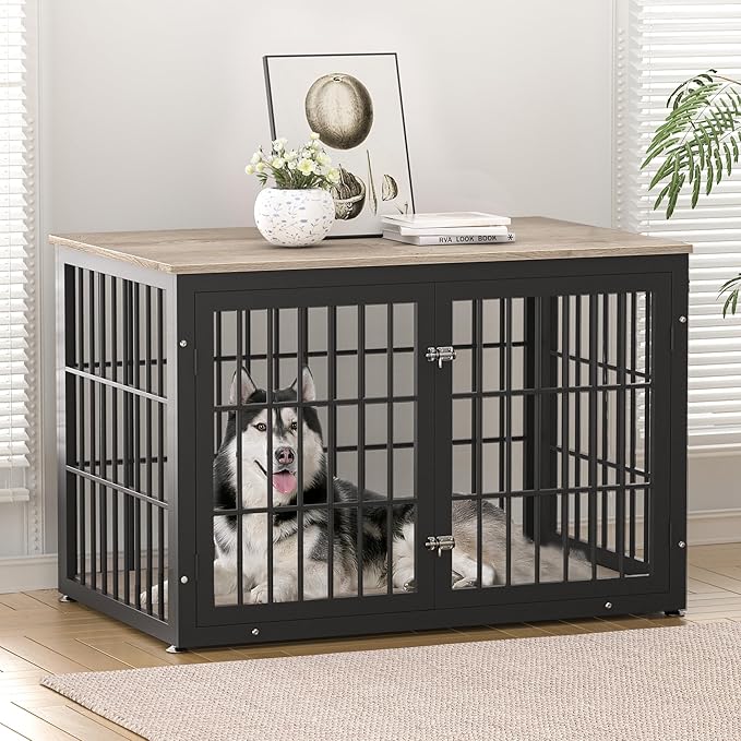 rehomerance 48 Inch Heavy Duty Dog Crate Furniture for Large and Medium Dogs, Decorative Pet House End Table, Wooden Cage Kennel Furniture Indoor, Grey