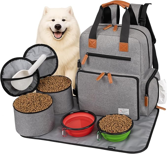 Modoker Dog Travel Bag, Airline Approved Backpack for Pet Accessories Organizer, Tote Weekend Bag with 2 Food Storage Containers, 2 Collapsible Dog Bowls, 1 Pet Mat, Grey