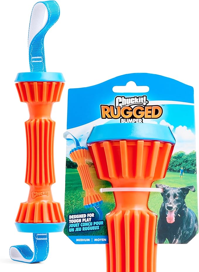 Chuckit! Rugged Bumper Dog Toy, Fetch Stick with TPR Ridges for Easy Grip, Medium Tug-of-War Toy for Medium Dogs, Floats in Water, 13.5", Orange and Blue (not recommended for Aggressive Chewers)